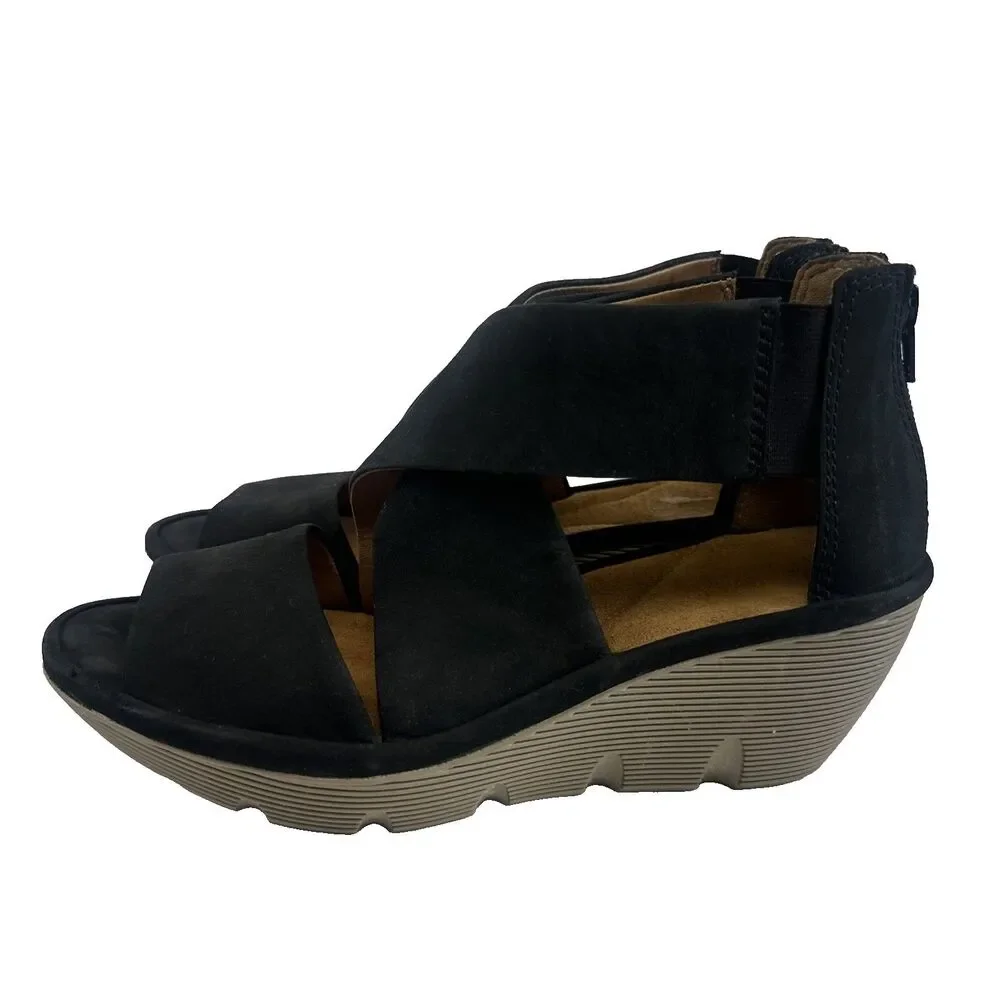 Clarks Artisan Clarene Glamour Wedge Black Nubuck Back Zip Platform Womens 8